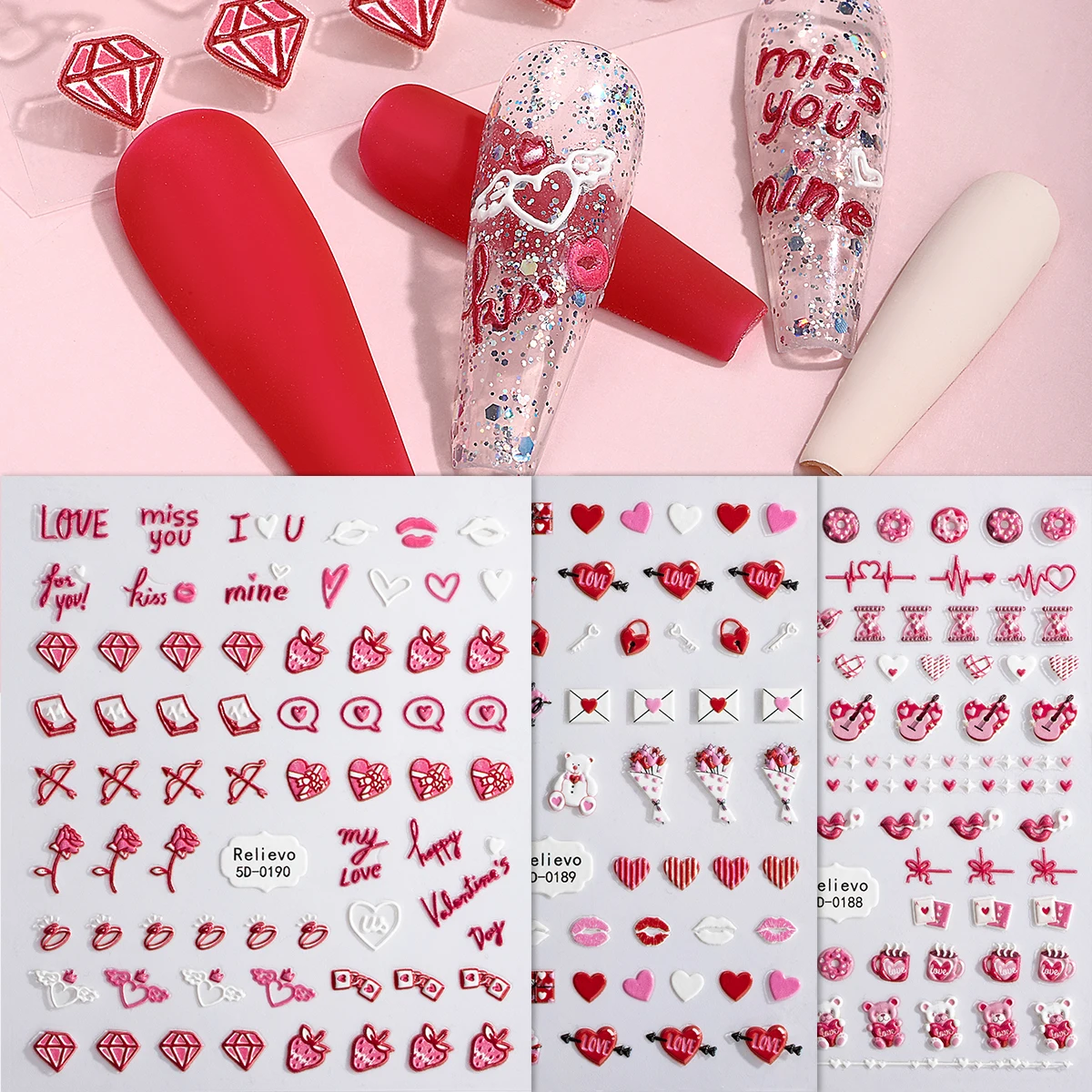 5D Pink Heart Bear Nail Art Stickers Cartoon Dessert Lips Self-Adhesive Nail Decals for Valentine's Day DIY Decoration Slider