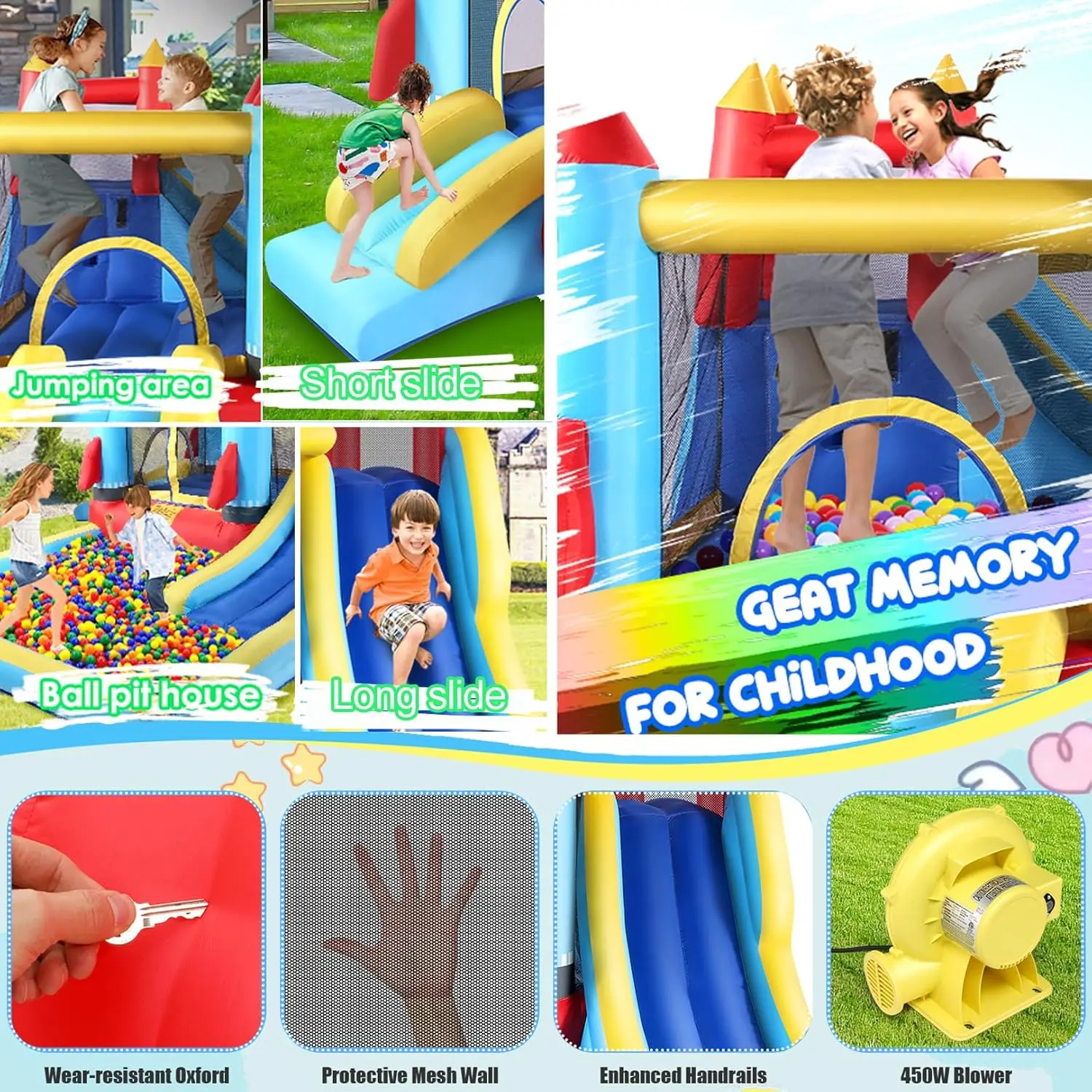 บ้านเด้งเป่าลมบ้านกระโดดและสาดบ้านเด้งสำหรับเด็กที่มีสระว่ายน้ำขนาดใหญ่และพื้นที่เด้งและสไลด์น้ำ2อันและกำแพงปีนเขา