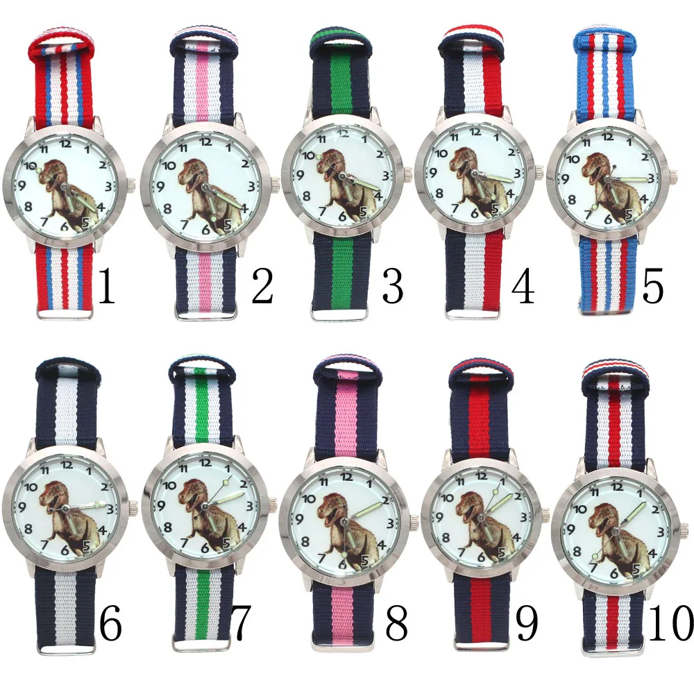 

10Pcs Kids Children Boy Girl Fabric Nylon Strap Dinosaur Cartoon Watches Student Wristwatch