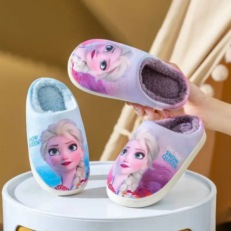 Pantoufles en coton de dessin animé Disney pour filles, pantoufles d'intérieur à semelle souple Elsa, pantoufles Anna pour petites filles, automne et hiver