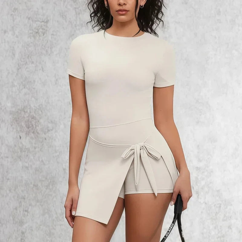 

VITALINOVO Tennis Dress for Women Short Sleeve Crewneck Wrap Sarong Skirt Built in Shorts U Back Workout Golf Athletic Dresses