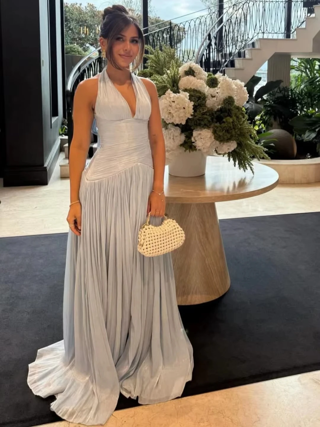 Customized Sky Blue Prom Dresses Halter Neck Pleated Evening Dresses Floor Length Sleeveless Wedding Party Dresses Saudi Arabia view 4