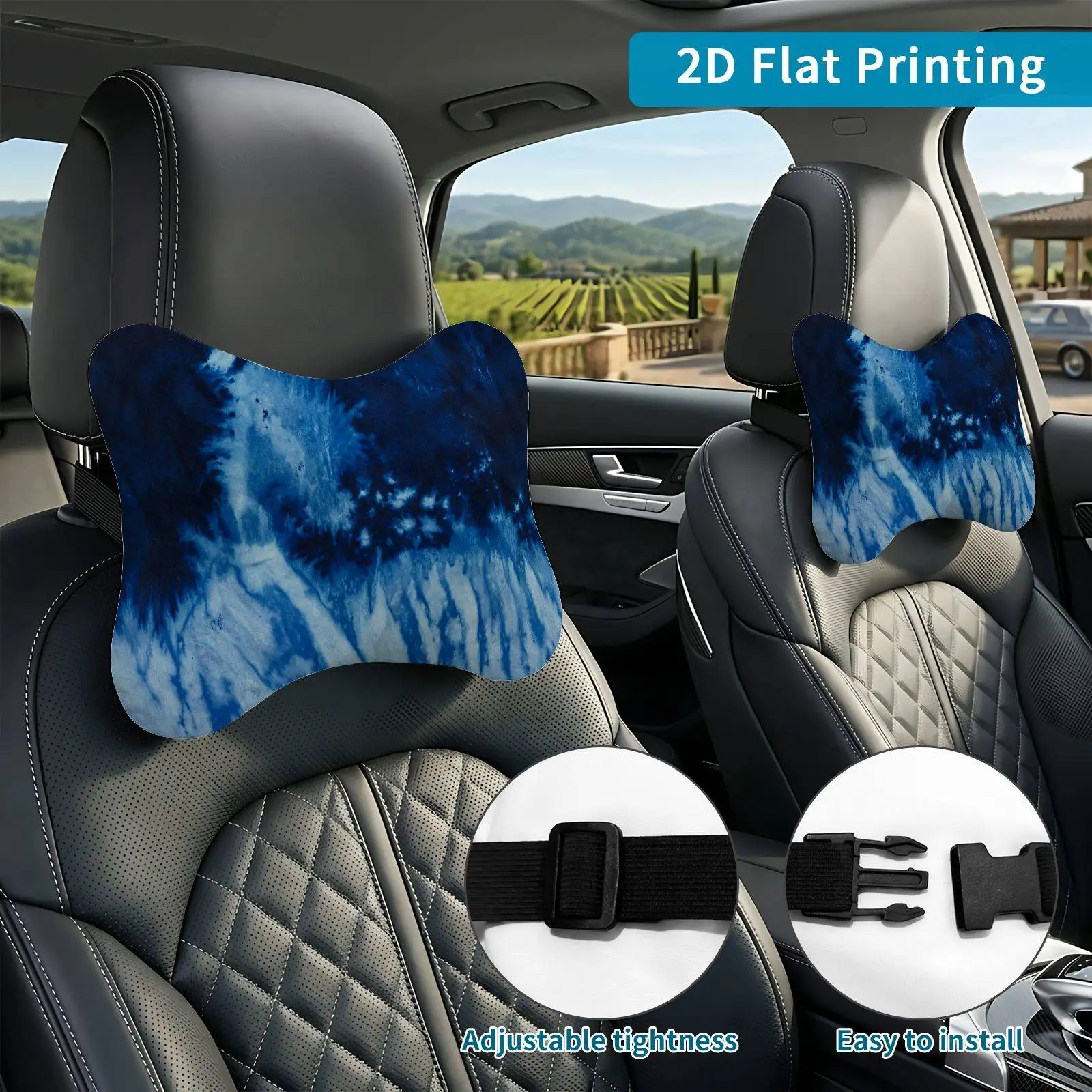 2pcs Blue Tie-Dye Abstract Pattern Car Seat Headrest, Neck Support Cushion, Suitable For All Seasons Of Car Additions, Ocean The