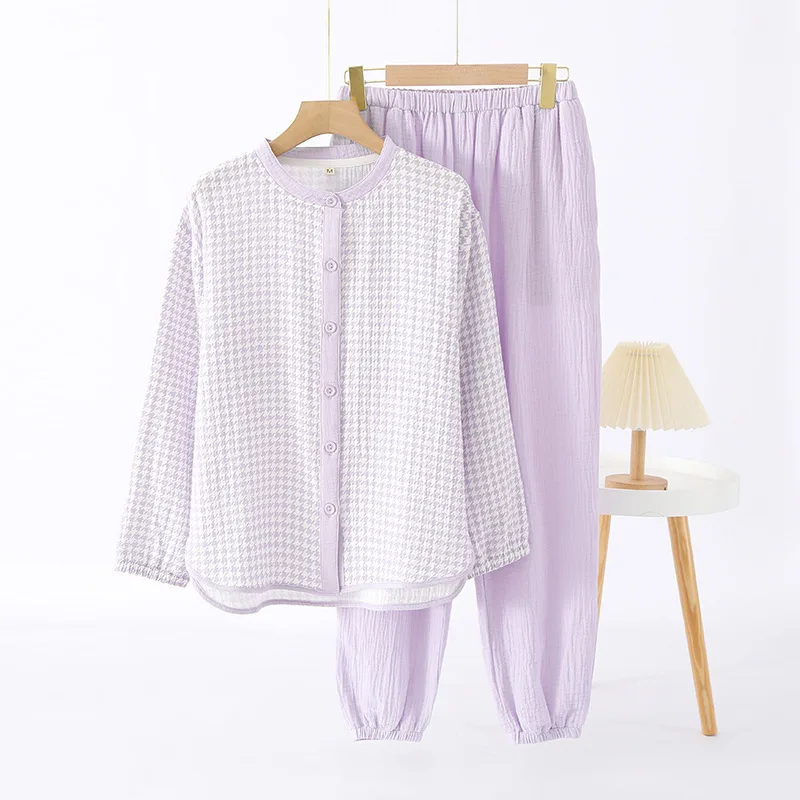 Spring and Summer Cotton Long Sleeve Cardigan Shirt Tops with Plaid Design Long Pants for Sleepwear Women's Home Clothes