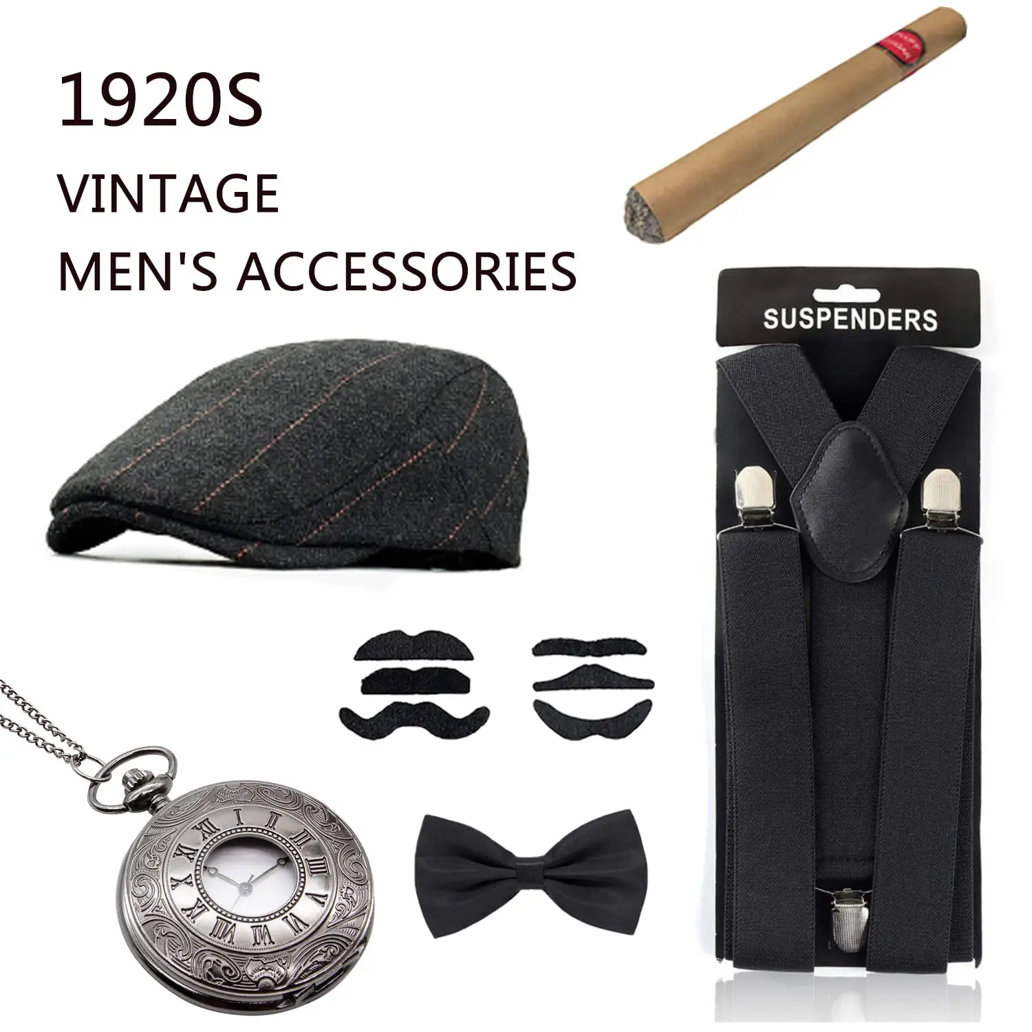 Men 1920s Gatsby Theme Party Accessories Mobster Cosplay Party Supplies Panama Hat Elastic Strap, Knot Tie, Vintage Pocket Watch