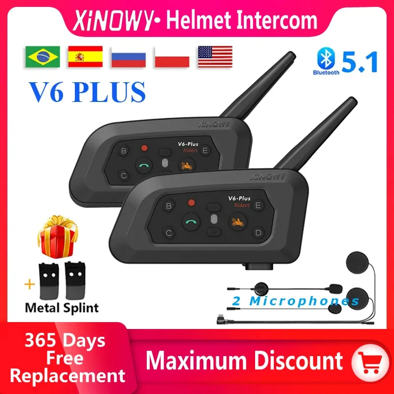 XiNOWy V6 PLUS Motorcycle Helmet Bluetooth Headset Waterproof 6 Riders 1200m Intercom Communicator 850mAh Ear Interphone