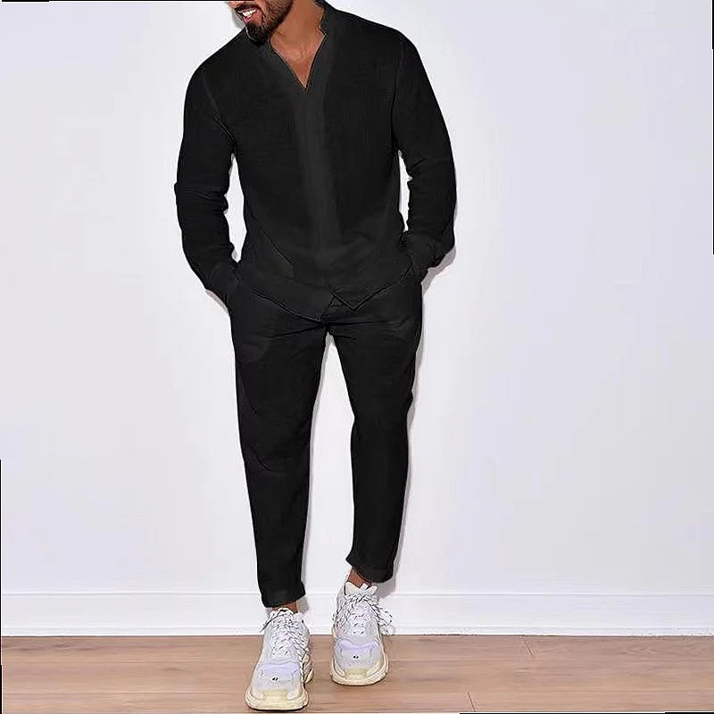 Mens 2 Piece Linen Tracksuit Sets Spring Summer Casual Long Sleeve Jogger Pants Matching Set Athletic Lounge Wear