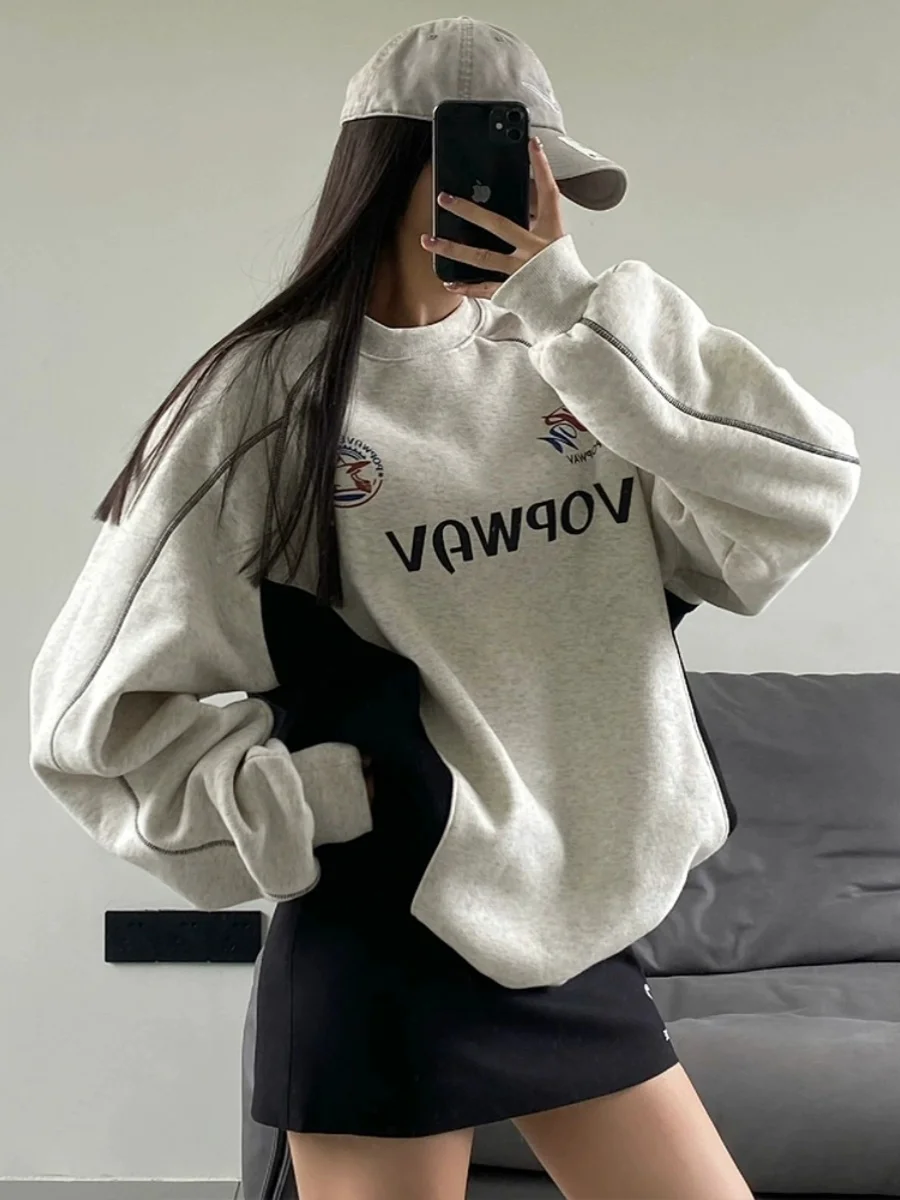 Grey Womens Clothing Vintage Street Sweatshirt Hooded Y2K Letter Pullover Long Sleeves Plush Warm Oversize Baggy Ladies Tops