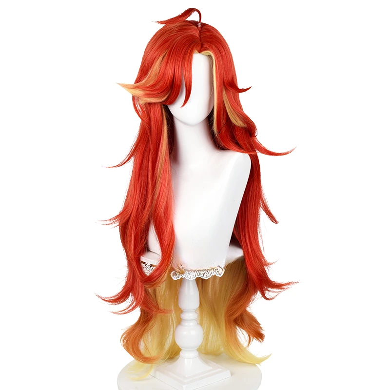 Mavuika Cosplay Wig Game Long Curly Wave Red Yellow Mixed Wig Heat Resistant Synthetic Hair Halloween Anime Wigs + Wig Cap