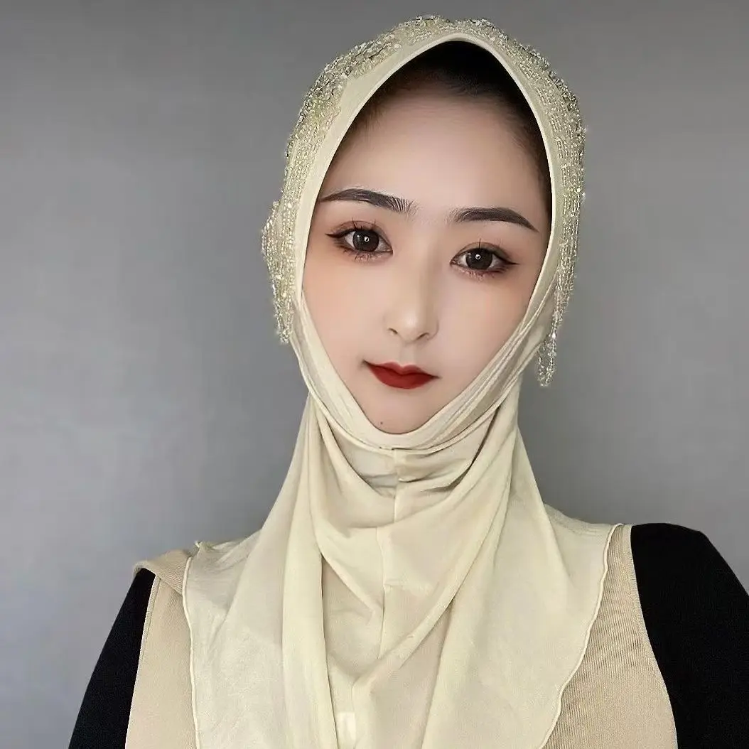 

New Africa Headscarf Women Soft Brim Sponge Convenient Pull-on Scarf Head Cover Diamond Tassel Luxury Beading Muslim Grey Hiajb