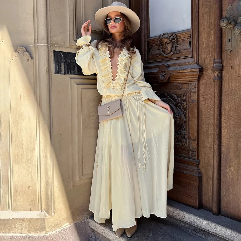 

Tuularose Ruffled Skirt Suit Women's Lace Up V Neck Pleated Shirt Top High Waist Skirt Suit Female Fashion Party Slim Skirt Suit