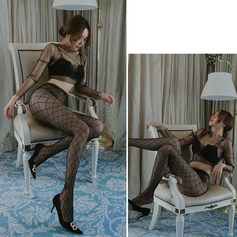 Black Mesh Checker Sexy Women Fishnet Stockings Tight high Waist Pantyhose Fishnets Sexy Lingerie Accessory Lady Mesh Sock