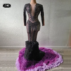 luxury Mermaid long dress rhinestones sexy black lace purple party birthday outfits Wedding Evening Celebrate drag queen costume