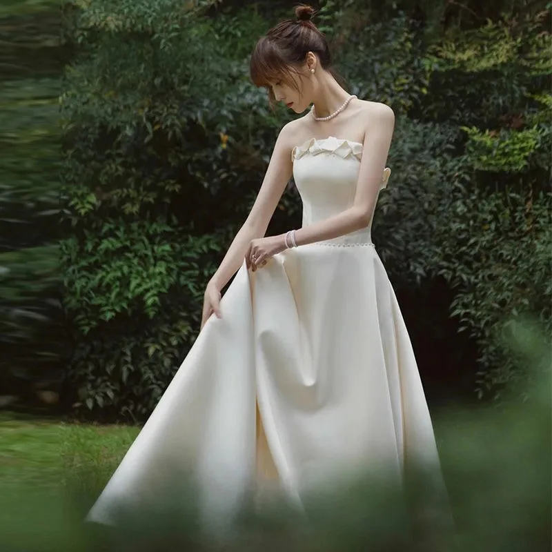 Luxury White Satin Strapless Wedding Maxi Dresses for Bride Simple Korean Long Prom Evening Guest Cocktail Party Women Dress