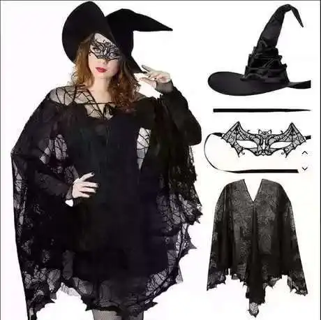 Hallowmas Halloween Cobweb Bat Cloak مجموعة مكنسة قبعة الساحرة المطوية