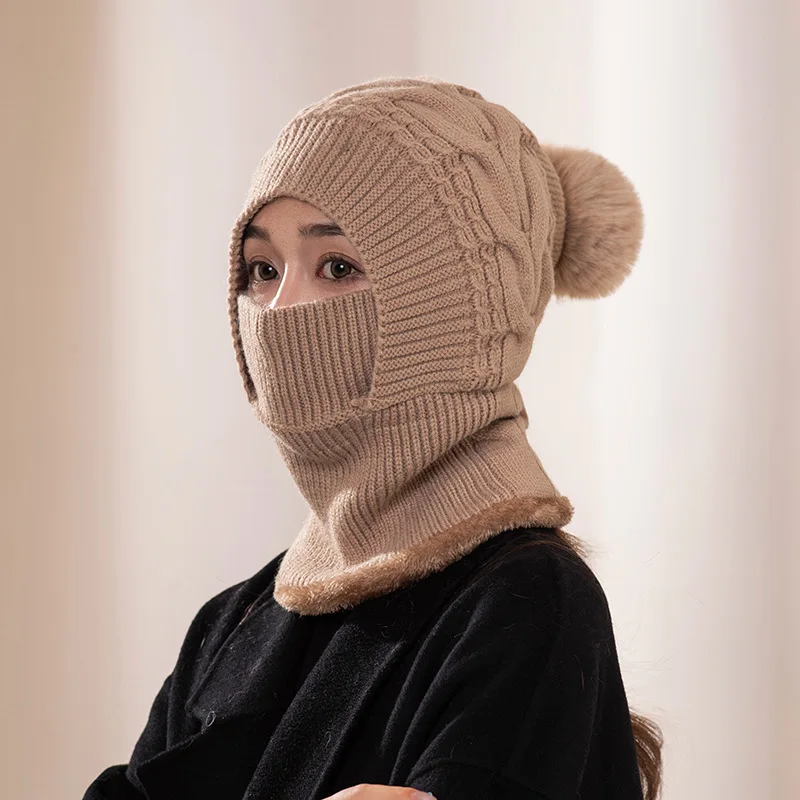 

New Knitted Hooded Cap for Women Outdoor Warm Thick Velvet Mask Neck Cover One Piece Ear Protection Knitted Woolen Fluzzy Hat