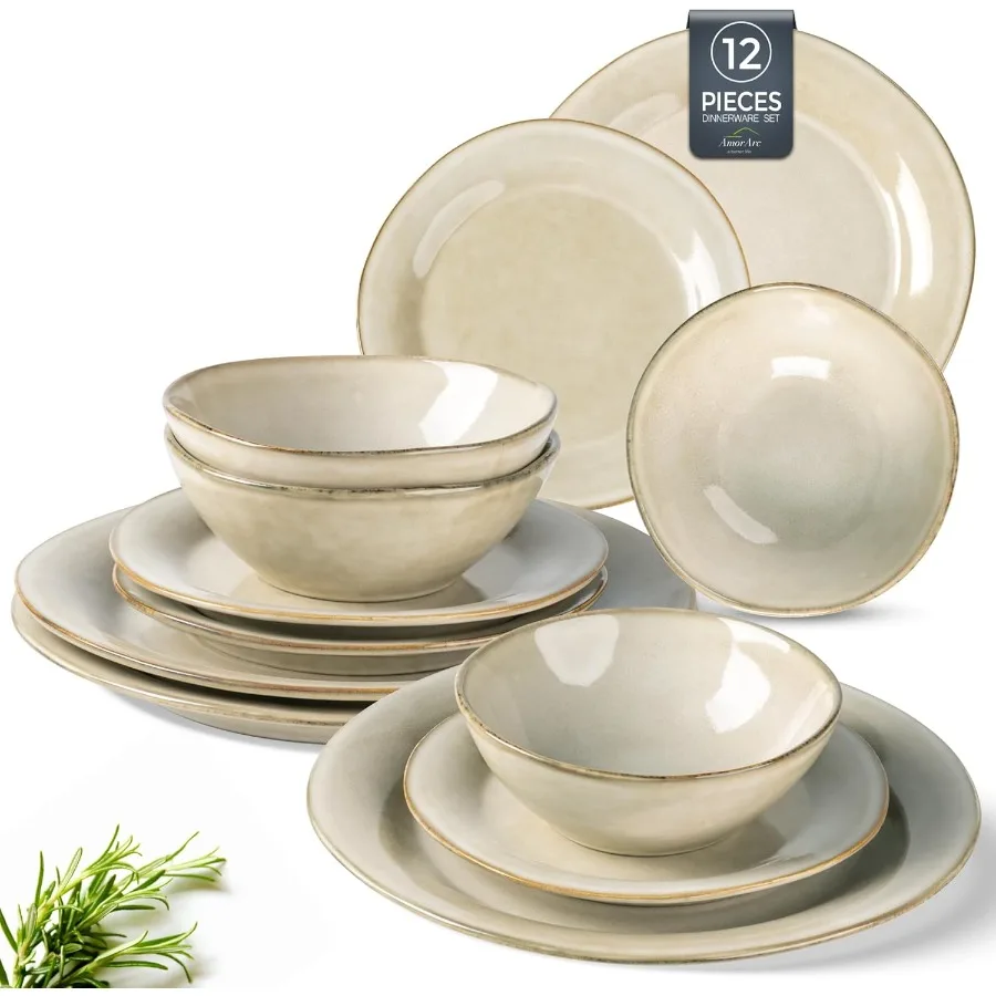 

Handmade Stoneware Ceramic Dinnerware Set with Reactive Glaze for Dining Room Use Scratch Resistant Plates and Bowls Set Suitab