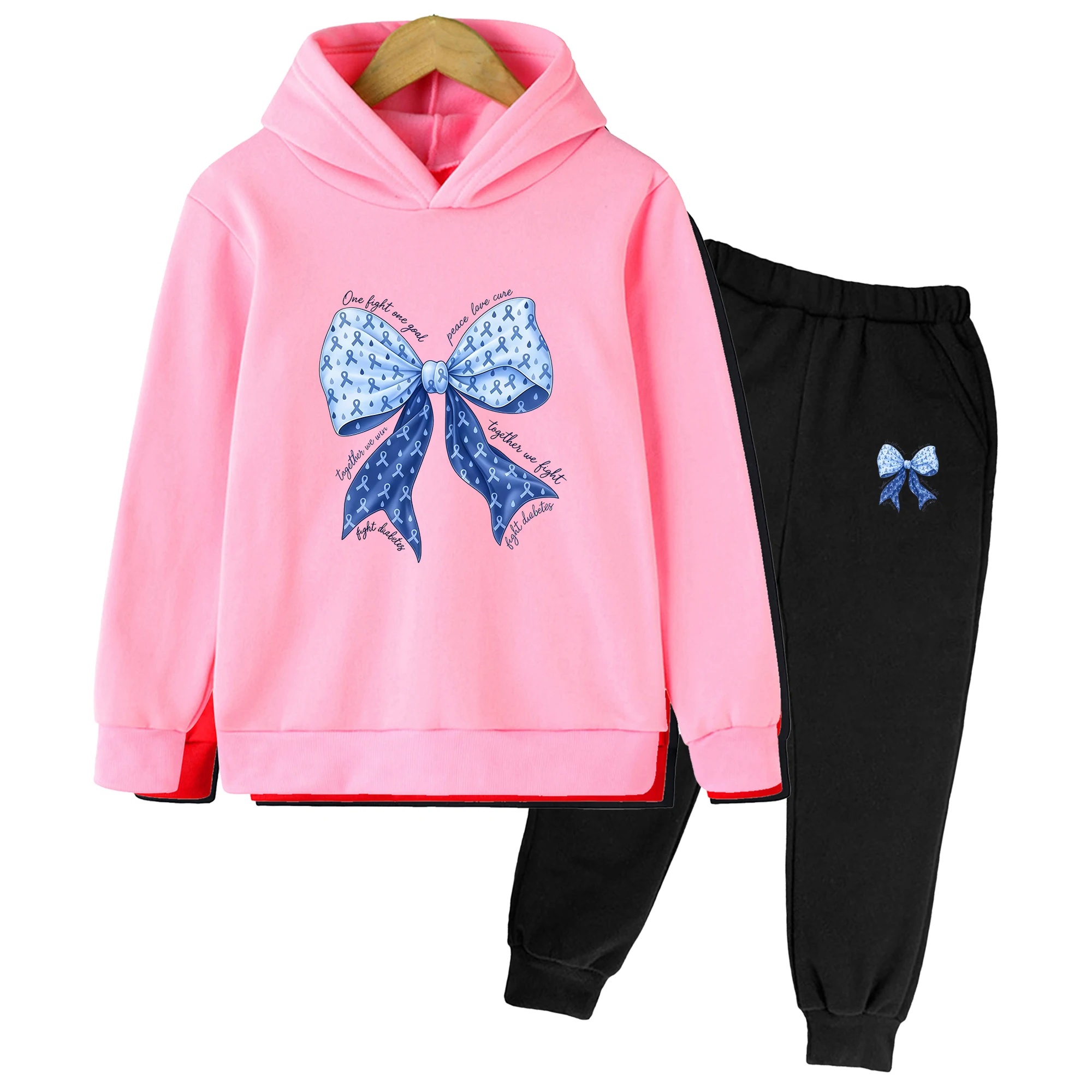 Kids Hoodies Sweatshirts Pants Set Fleece Preppy Diabetes Awareness Ribbon Bow Printed Daily Outfit Children Clothing Autumn