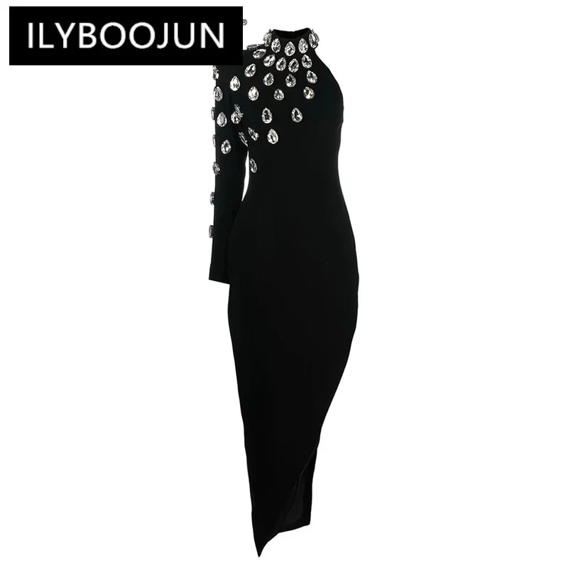 

ILYBOOJUN Patchwork Diamonds Designer Dresses For Women Stand Collar long sleeve Temperament slimming Dress Female Fashion