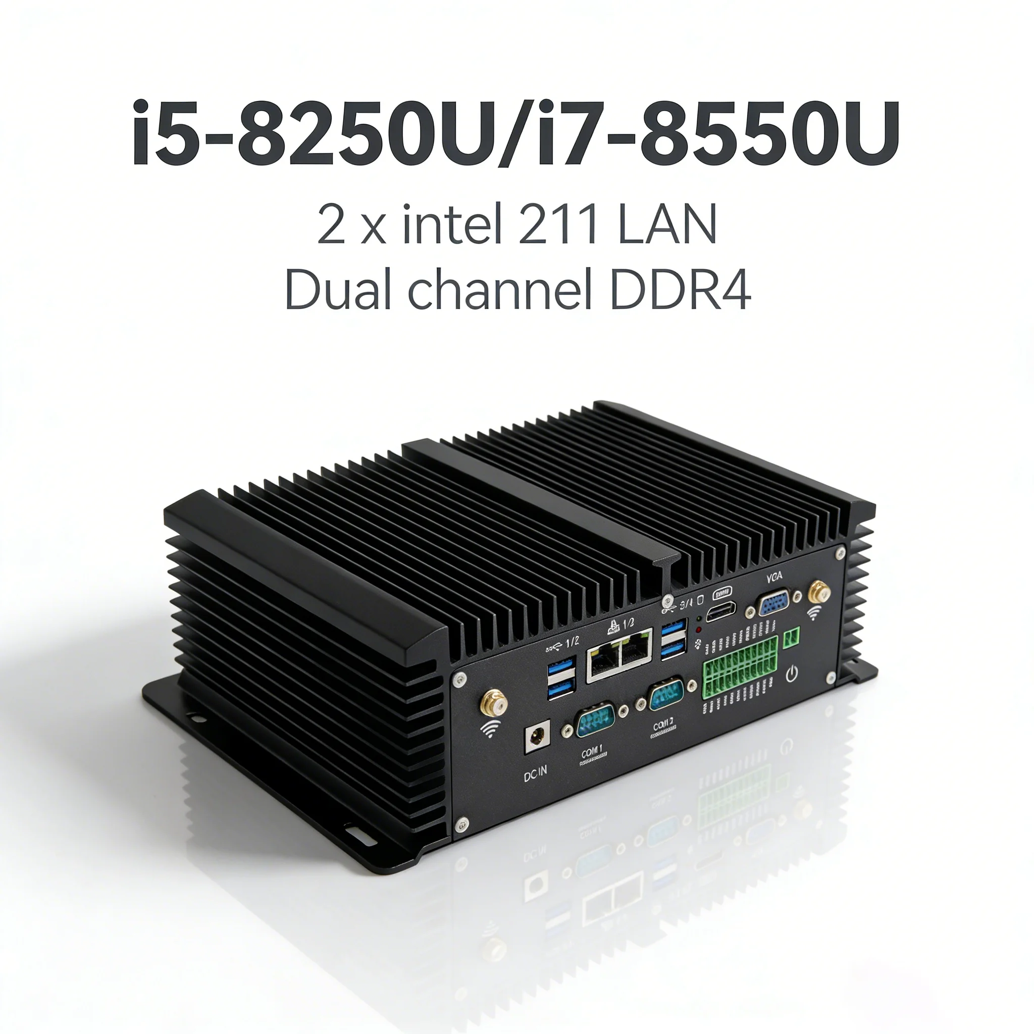 Mini PC Industriale Fanless i7 8550U i5 8250U Quad Core 2*DDR4 2*COM Windows 11 Pro Linux Computer Robusto Desktop VGA HDMI WiFi