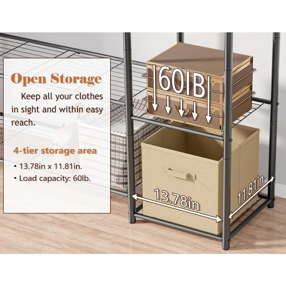 Portable Clothes Rack with 4 Shelves & Hanging Rod, Steel Wardrobe Organizer for Bedroom, Closet, Entryway, Black view 5