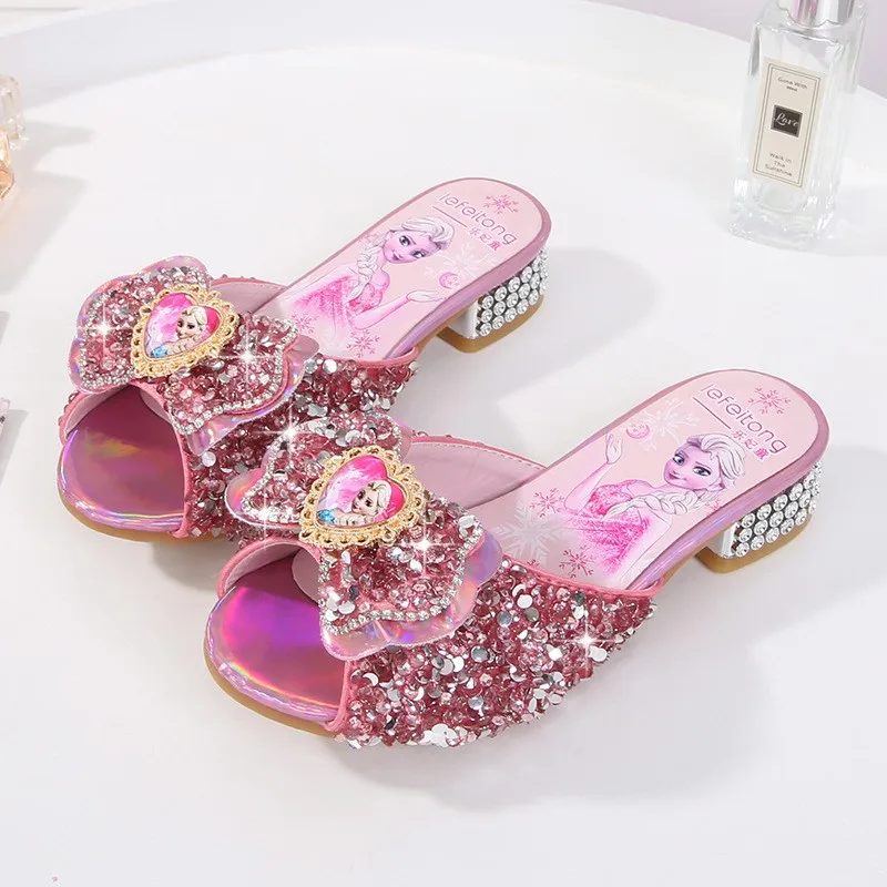 Sandales d'été à paillettes pour filles, pantoufles à la mode, chaussures à talons hauts pour enfants, robe de soirée Elsa, pantoufles en cuir pour filles