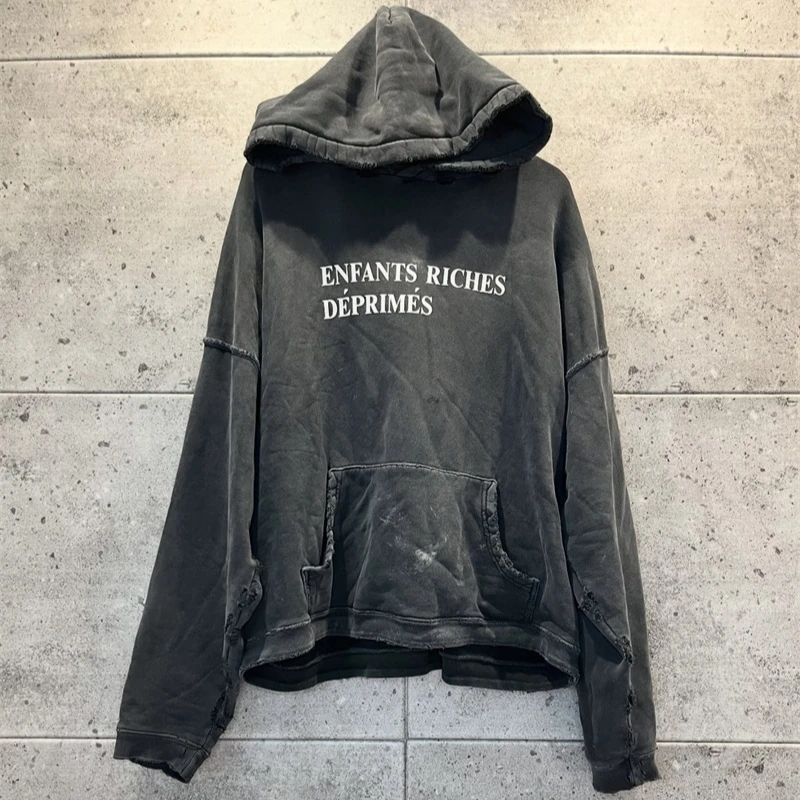 25ss Enfants Riches Deprimes Damaged Hoodies Top Quality Logo Letter Print Washed Pure Cotton ERD Oversized Hooded Pullover