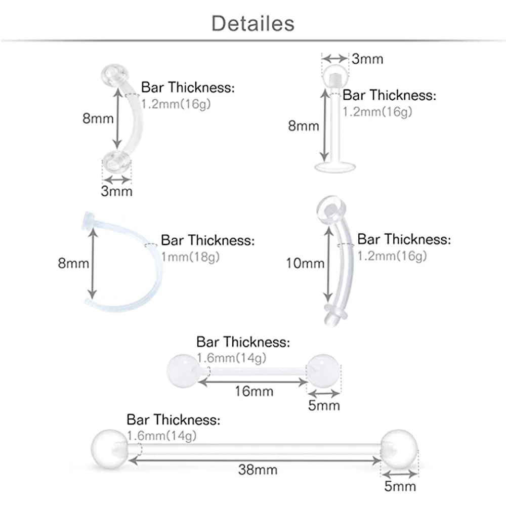 5pcs Clear Piercing Retainers Septum Retainer Studs Flexible Lip Ear Nose Tongue Ring Nipplering Cartilage Rook Daith Horseshoe