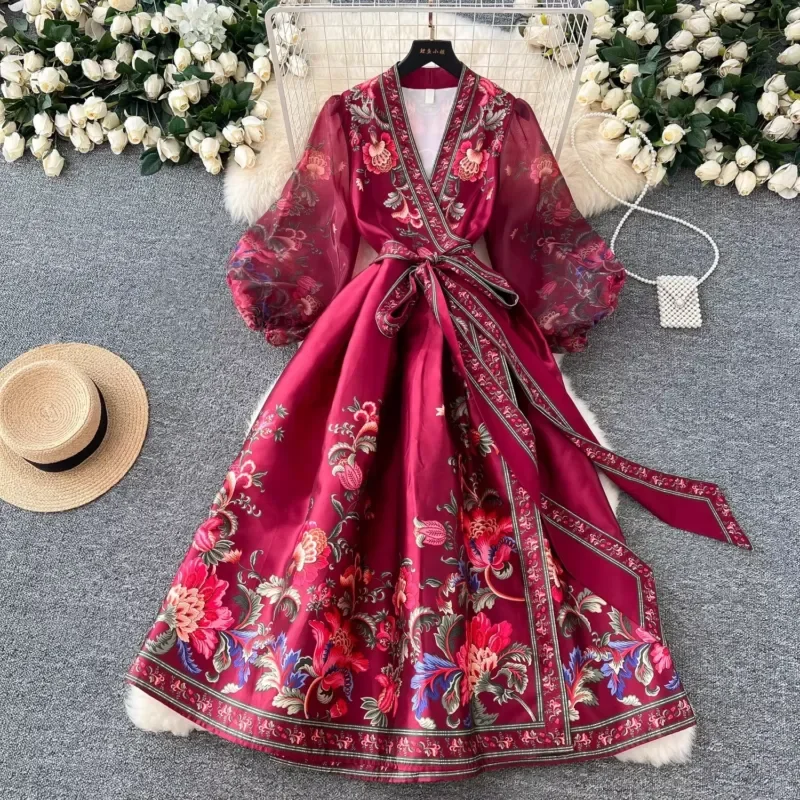 Women Retro Floral Print Bandage Wrap Dress V Neck Lantern Sleeve Chiffon Satin Patchwork Long Party Vestido Elegant Evening