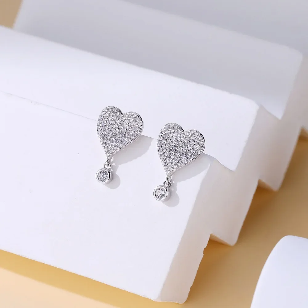 

New S925 silver heart-shaped full diamond micro inlaid earrings for women, simple and versatile earrings, wedding jewelry