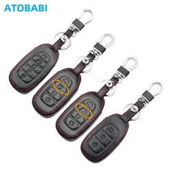 Leather Car Key Case For Hyundai Kona 2018 2019 Santa Fe TM 4 Buttons Smart Prox Keyless Remote Key Fob Cover Keychain Protector