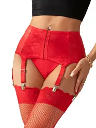 Comeondear Hot Lady Sexy Leather Suspenders Set Red Plus Size Curve Lingerie Floral Straps Garter Belts With Stocking For Women