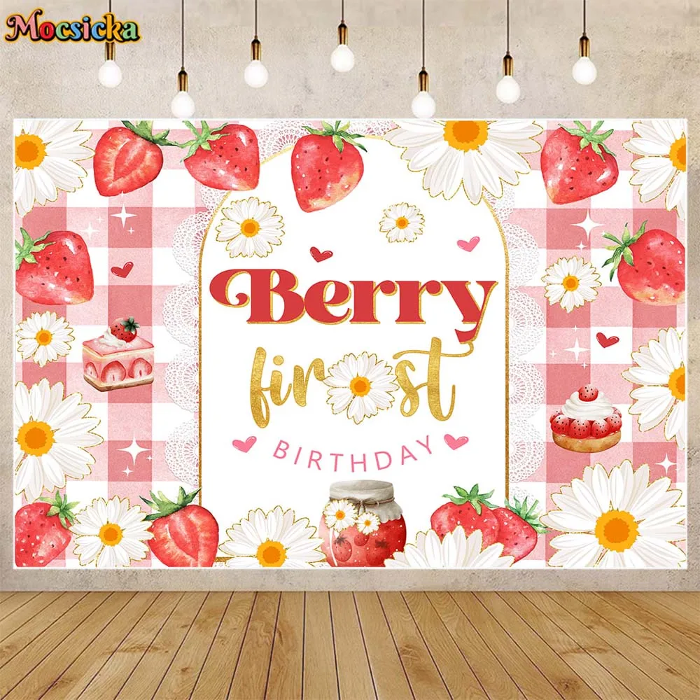 

Mocsicka Strawberry Baby 1st Birthday Backdrop Girl Berry First Birthday Party Decor Photo Background Dessert Table Banner Props