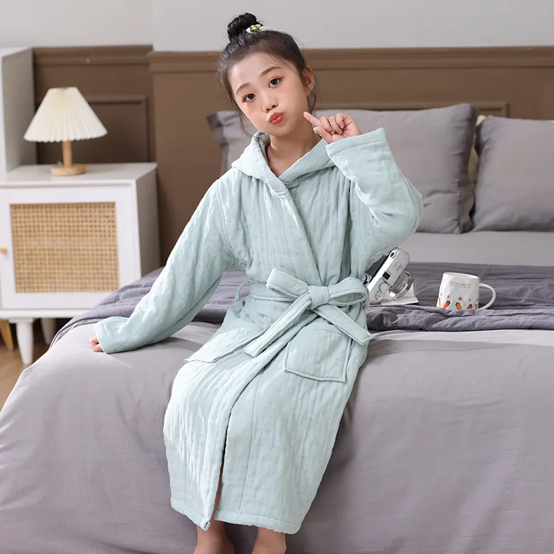 100% Cotton 6 Layers Gauze Kimono Robes For Kids New Boy And Girls V Neck Hooded Bathrobe Nightgown Children Home Clothes