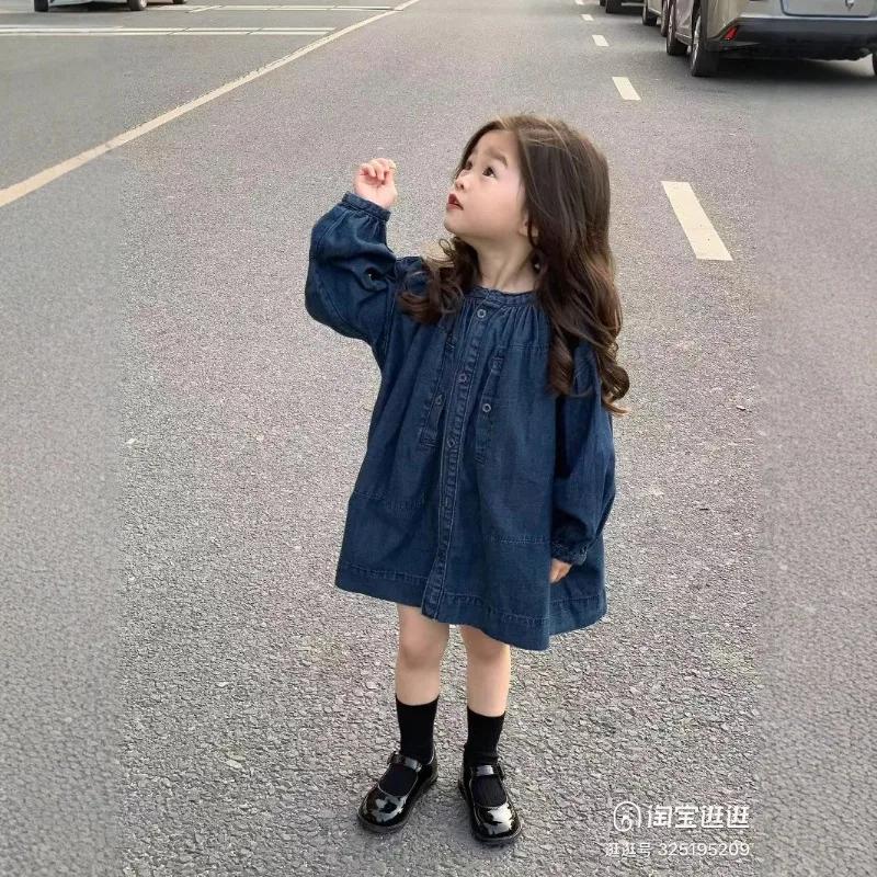 RAISE 2026 Autumn Children Girls Denim Dresses Round Collar Kids Girls Long Sleeve Dresses Loose Casual Toddler Girls Dresses