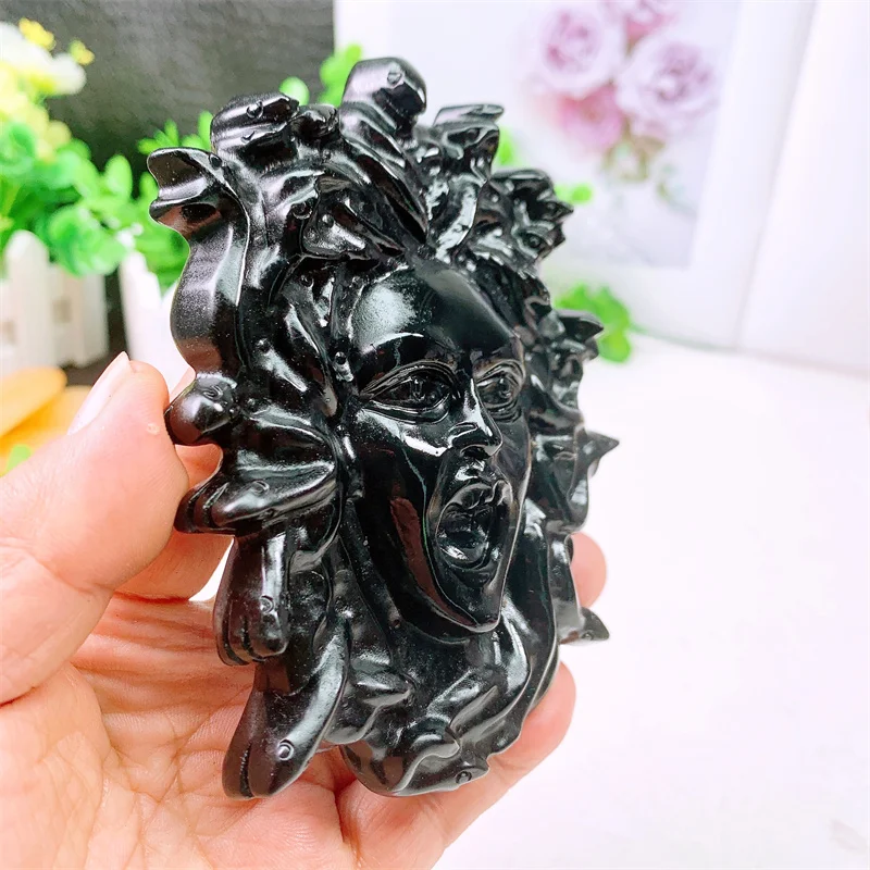 Natural Black Obsidian Medusha Head Carving, Quartz Carving, Healing Crystal Stone, Birthday Present, Home Decoration