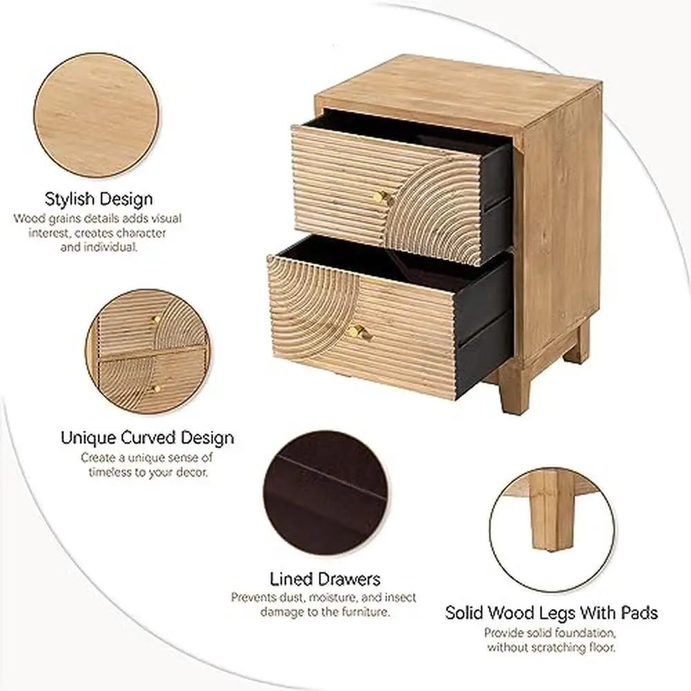 Handcrafted Wood Ring Pattern 2-Drawer Mid Century Farmhouse Nightstand Set of 2 Rustic Organizer Smaller Items Fully Assembled