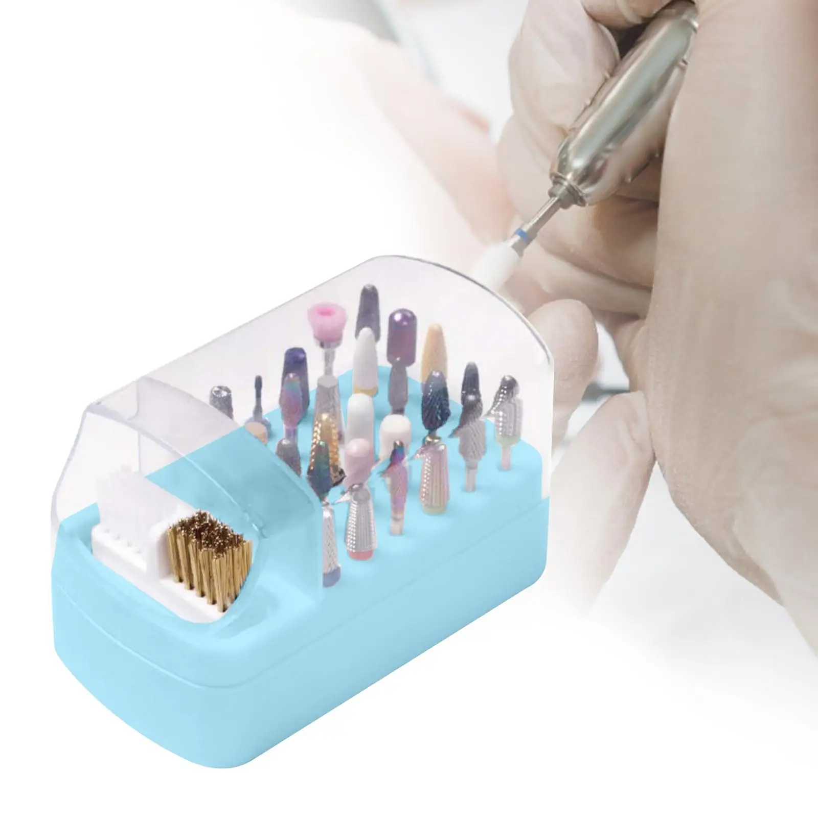 Portapunte per unghie antipolvere Scatola portaoggetti con coperchio trasparente Supporto per punte da trapano portatile con pennello per accessori per adesivi per nail art