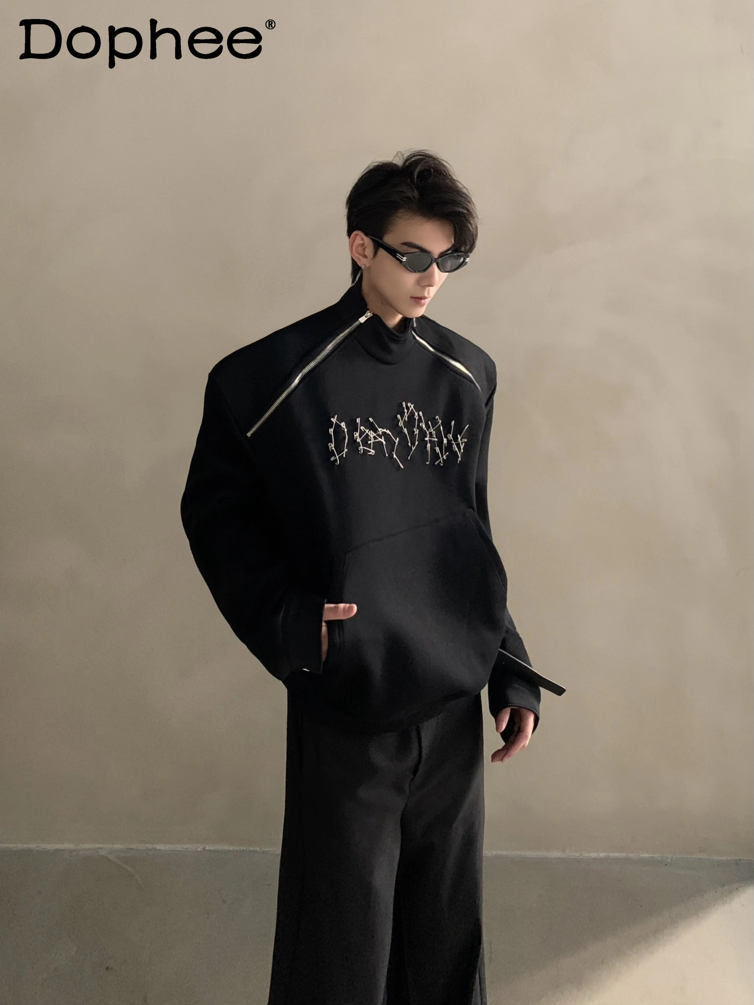 

2025 New Fashion Trendy Design Metal Decor Jacket Sweatshirt Stylish Men's High-end Loose Casual Long Sleeve Coat Top