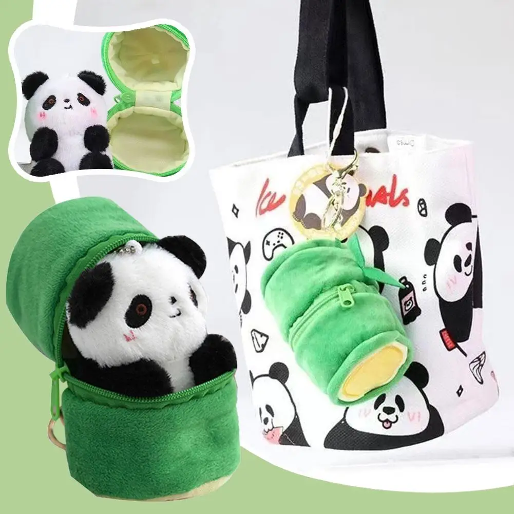 Panda Plush Chaveiros com saco de bambu, bonito Panda Chaveiros, Chaveiros Kawaii Recheados, Armazenamento, S8c8, 24