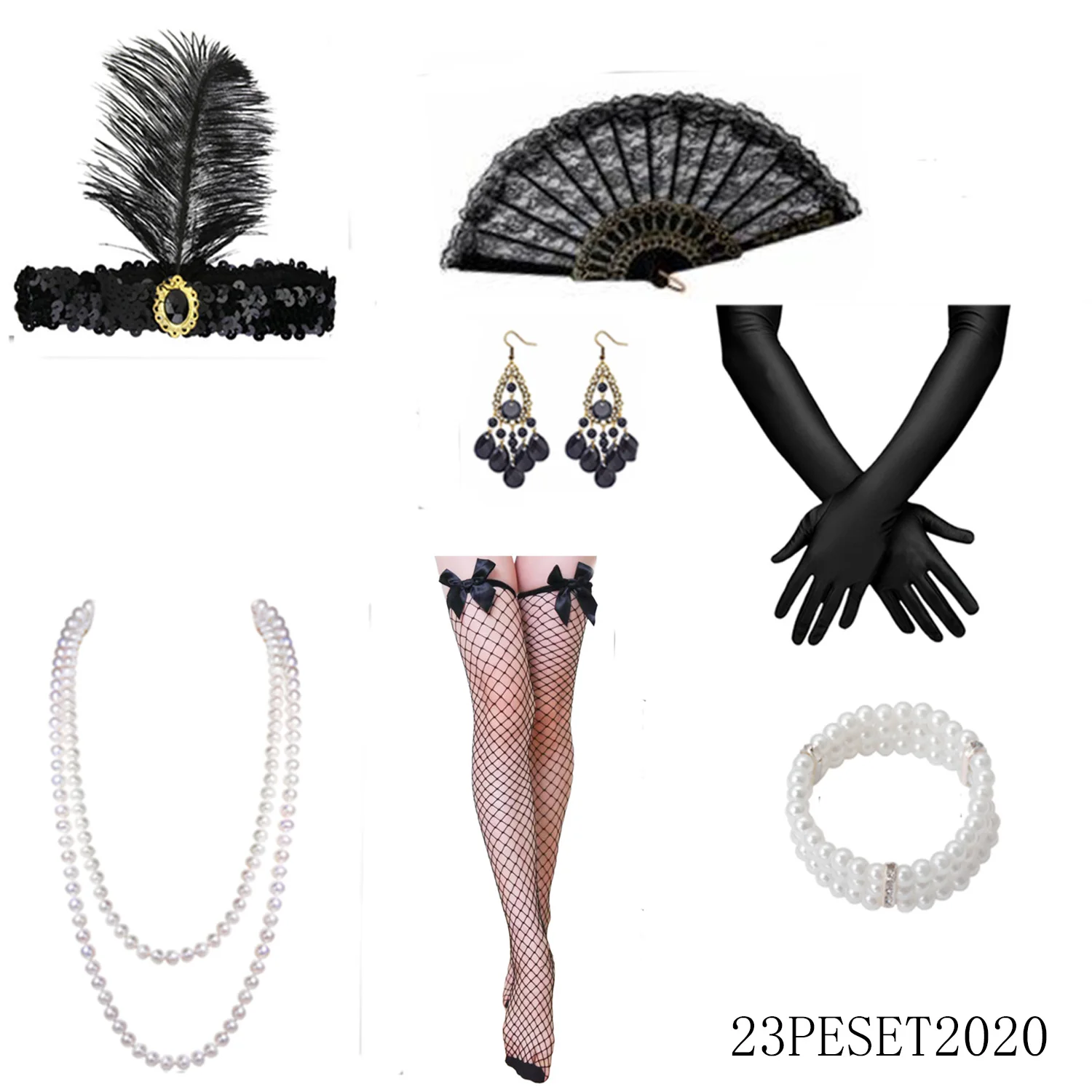 1920s women's elegance, party accessories, including party outfits, headpieces, necklaces, gloves, and other clothing.