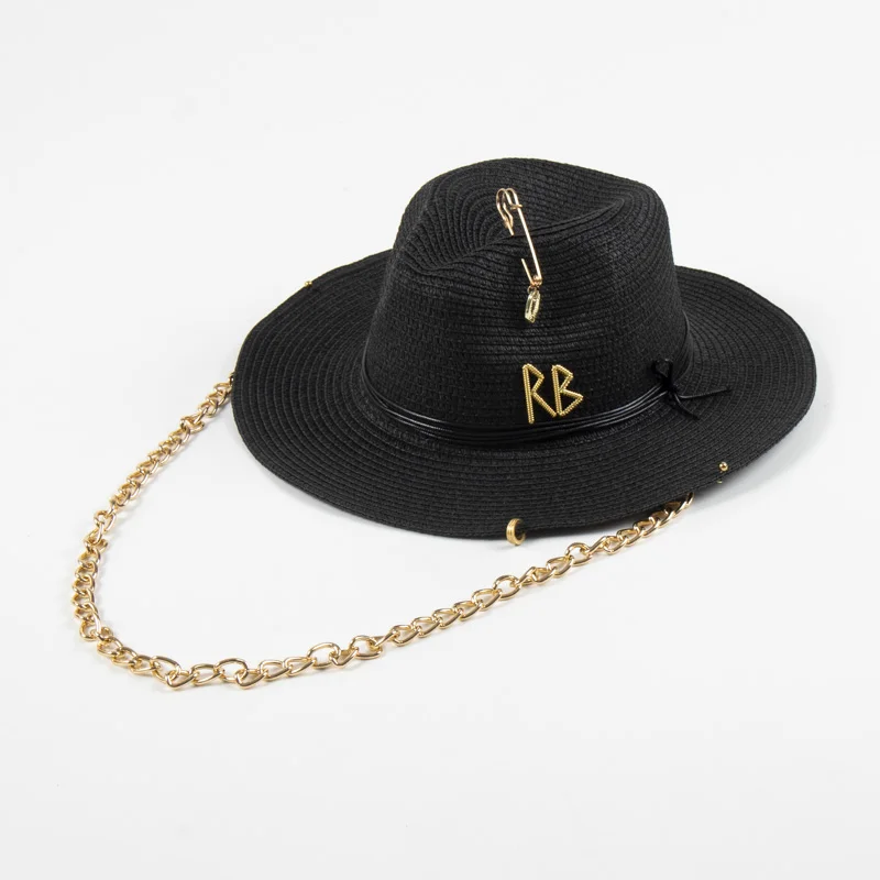 Luxury Desiger Brand Chain Strap Fedora Straw Hat For Women Summer Sun Hat With Neck Protection Rope Black Panama Beach Hats