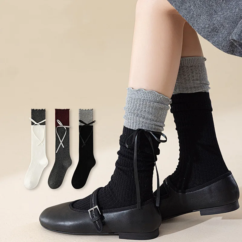 Ruffle Socks Stockings Color Matching Knitted Cotton Long Socks Ribbon Bow JK Girl Lolita Kawaii Cute Knee Socks Women Stockings