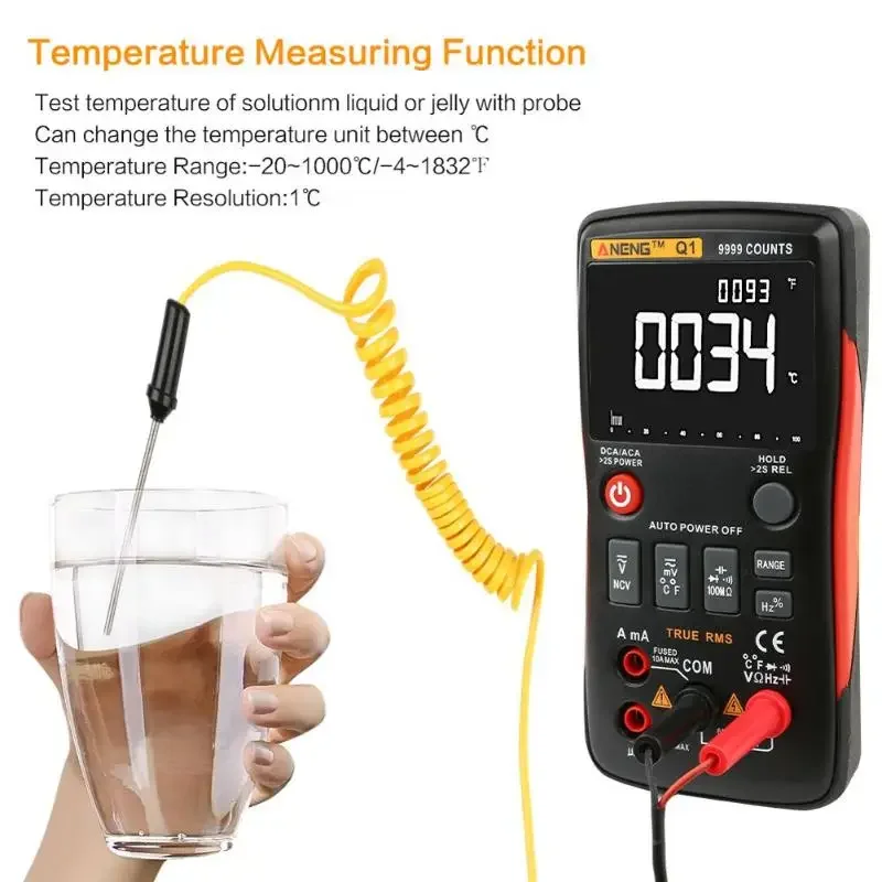 Q1 9999 Counts True-RMS Digital Multimeter Auto Button With Analog Bar Graph AC/DC Voltage Ammeter Current Ohm Transistor Tester