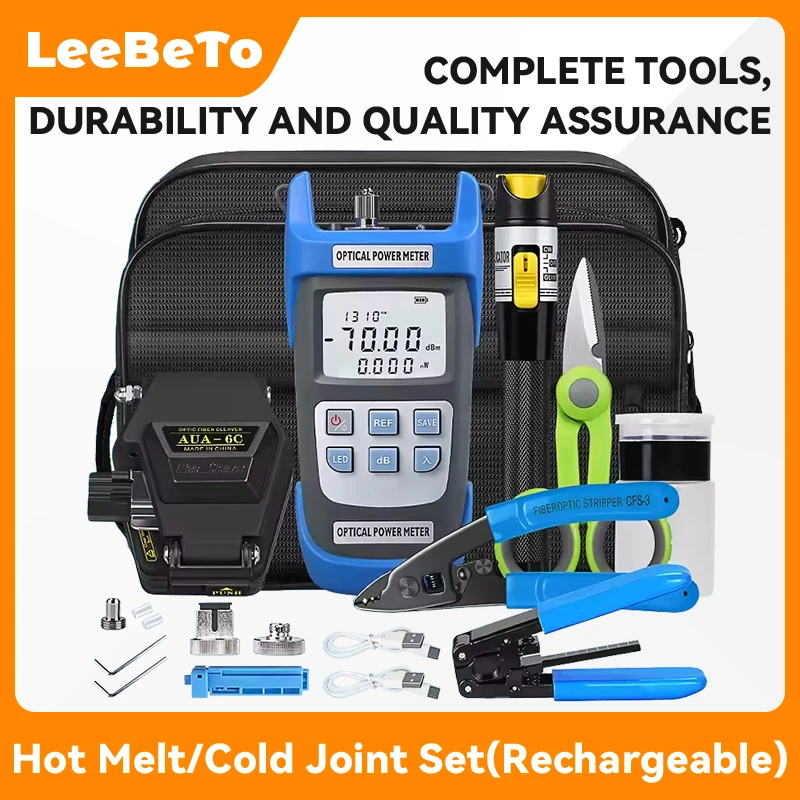 

22pcs/set Rechargeable FTTH Fiber Optic Tool Kit with -70~+10dBm Optical Power Meter 15MW Visual Fault Locator AUA-6C Cleaver
