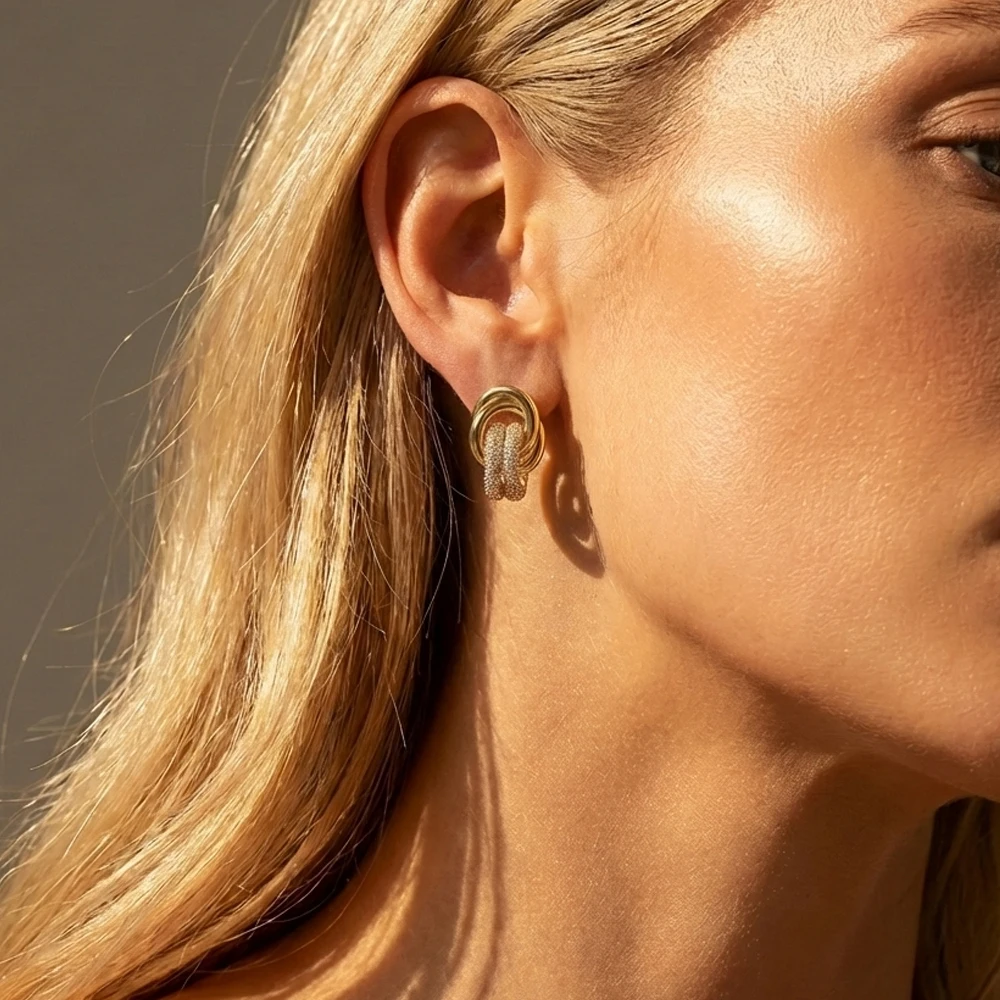 

Luxury Zircon Bilayer Knot Stainless Steel Stud Earrings for Women Girl Fashion Gold Color Geometric Statement Jewelry Gift