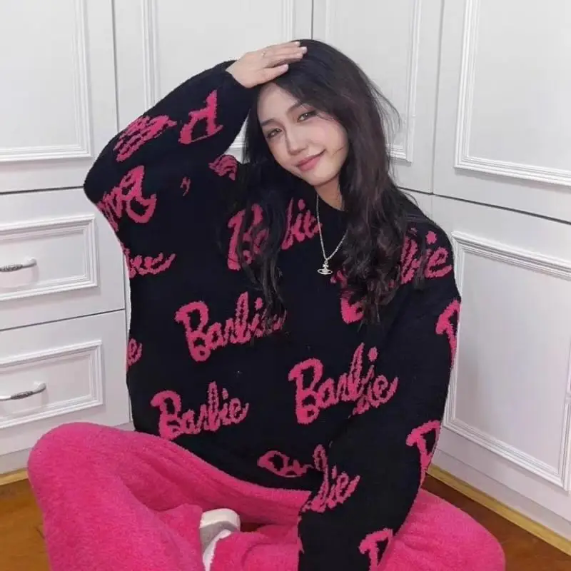 

Kawaii Barbie, женская одежда, теплые коралловые бархатные пижамы, осень-зима, утепленный бархатный пуловер для девочек, топы, брюки, плюшевая домашняя одежда