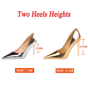 Metallische Lederpumpen für Frauen, High Heels, Stylus, Bass, Silber, Gold, helle Qualität, Hochzeit, Braut, Dame, 7,5 cm, 10,5 cm 8 Hauptverkäufe goldene Lederschuhe - №1