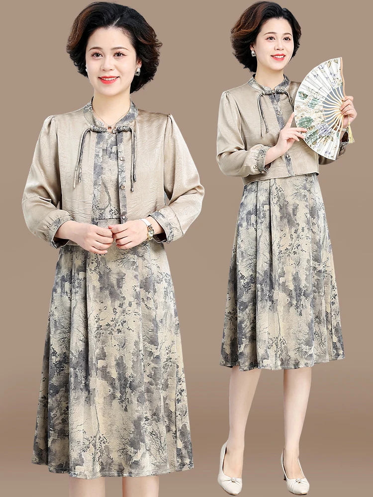 

Новое китайское шифоновое платье в стиле «мамочка» для осени 2025 года, новое женское платье в национальном стиле для среднего и старшего возраста, весна-лето.