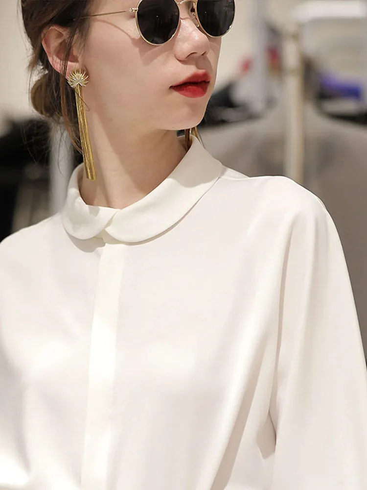 Ele Casual Long Sve irt Women's Chiffon Blouse Thin Commute Korean Sle Button Detail Regular Length Pure Color